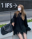 Yipinpay Femme Lazy Loose Irregular Tassels Black Ripped Sweater Women Jumpers Vintage Casual O Neck Long Sleeve Hole Knit Top