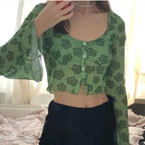 Yipinpay Floral Print Green T-shirt Y2K Aesthetics Mesh Buttons Flare Sleeve Crop Tops 90s Women Vintage Clothes Summer Tee