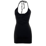 Yipinpay Chain Cutout Halter Black Bodycon Dress Summer Fashion Women Backless Tied Wrap Mini Dress Club Party Clothes