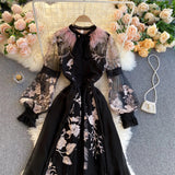 Yipinpay High Quality Elegant Party Dress Women Korean Design Long Sleeve A-line Dress 2024 Spring Mesh Embroidery Flower Dress