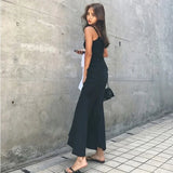 Yipinpay Holiday High Street Sexy V Neck Black Spaghetti Strap Side Splits Irregular Dress Women Sleeveless Retro Drawstring Waist