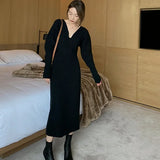Yipinpay Long White Knitting Dress Women Winter V-Neck Long Sleeve Bodycon Dress Korean Office Lady High Waist Vintage Dress 2023