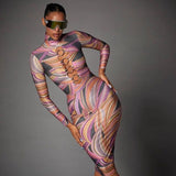 Yipinpay Sexy Printed Long Dress Women Turtleneck Full Sleeve Bodycon Summer Dress 2023 Femme Hollow Out Party Slim Maxi Dresses