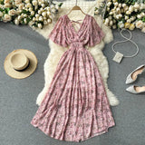 Yipinpay Women Chiffon Floral Long Dress Korean V Neck Short Sleeve Ruched A-line Dresses Summer Bohemian Print Beach Dress