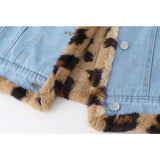 yipinpay Women's Lamb Wool Denim Jackets Winter Long Sleeves Streetwear Chic Design Leopard Print Fashion Casual Baggy Jean Jackets Coat