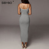 Yipinpay Ribbed Spaghetti Strap Cotton Dress Women Sleeveless O-Neck Summer Dress Solid Backless Long Party Dress