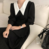 Yipinpay Chic Autumn Slim Patchwork Contrast Lapel Long Sleeve Pleated Dress Women Black Retro Elegant Sexy Vestido Feminino