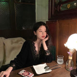 Yipinpay Vintage Dress Women Lace Velvet Black Elegant Party Dress Female Autumn 2023 High Waist Long Sleeve Midi Gothic Dress