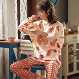 Yipinpay Size Pajamas Women Spring Autumn New Long-Sleeved Printed Sleepwear Girl Cute Cartoon Sleep Tops Casual Home Clothes Suit