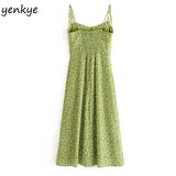 Yipinpay Dress 2024 Women Green Floral Print Sling Dress Sundress Female V Neck Sleeveless Hem Slits A-line Chiffon Dress vestido