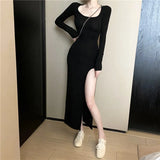 Yipinpay Fashion Temperament Wild Slim Mid Length Sexy High Split O Neck Long Sleeve Black Dress Women Cotton Vestidos De Mujer