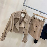 Yipinpay Vintage Long Sleeve Lapel Double-breasted Trench Coat Women Short Khaki Cardigan Tops Sexy Black Mini Skirts Dress Sets Suits
