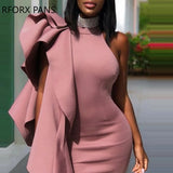 Yipinpay Women Solid Elegant Halter Asymmetrical Ruffle Hem Party Bodycon Banquet Dress