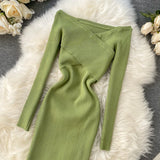 Yipinpay Slash Neck Knitted Dress Women Sexy Off Shoulder Cross Elastic Warm Dress Autumn Winter Fashion Sweater Bodycon Dress
