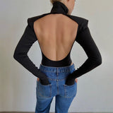 Yipinpay Mo New 2023 Sexy Backless Bodysuits Cotton Women Turtleneck Long Sleeve Rompers Female Black Casual Body Tops Streetwear