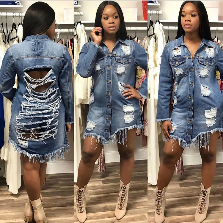Yipinpay Ripped Denim Coat Casual Long Denim Jacket Trendy Tassel Jeans Windbreaker Spring / Summer Clothing S-3XL