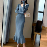 Yipinpay Elegant Mermaid Sweater Long Dress Women Vintage V-neck Knitted Warm Y2K Dress Korean Casual Chic Dress for New Year 2023