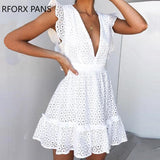 Yipinpay Women Butterfly Sleeve V-neck Frill Hem Hollow Out Lace Casual Dress  Bodycon Sexy Party Dress