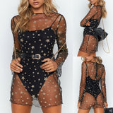 Yipinpay Mesh See Through Sexy Dress Womem Sundress Summer 2023 New Long Sleeve Lace Mini Dress Party Fits Beach Bikini Cover Up