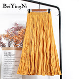 yipinpay High Waist Women's Skirt Solid Color Streetwear Leisure Simple Harajuku Pleated Midi Skirts White Faldas Mujer Saias