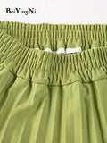 Yipinpay Women Pleated Skirt Solid Color Casual Slim A-line Fashion Elastic Waist Midi Skirts Girls White Green Spring Summer