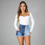 Yipinpay New Summer Women's High Waist Zipper Denim Shorts Fashion Color Combination Tassel Elastic Jeans Shorts S-2XL Drop Shipping