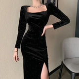 Yipinpay Velvet Long Dress Women Elegant Vintage Square Collar Long Sleeve Dress Korean Sexy Casual Evening Party Dress 2023 Autumn