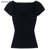 Yipinpay Slim Sexy Knitted Blouse Women White Basic Knitwear Top Female Summer Short Sleeve Cropped Black Top Streetwear 2023