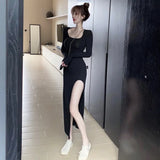 Yipinpay Fashion Temperament Wild Slim Mid Length Sexy High Split O Neck Long Sleeve Black Dress Women Cotton Vestidos De Mujer