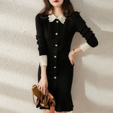Yipinpay Stitching Knitted Black Mermaid Dress Women Hit Autumn Elegant Retro Slim Vestidos De Mujer Trumpet Long Sleeve Sweater