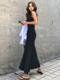 Yipinpay Holiday High Street Sexy V Neck Black Spaghetti Strap Side Splits Irregular Dress Women Sleeveless Retro Drawstring Waist