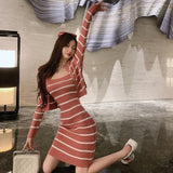 Yipinpay Casual Retro Wild Thin O Neck Long Sleeve Striped Cardigan Knitted Coat Crop Wrap Hip Sexy Spaghetti Strap Dress Mini