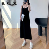 Yipinpay Black Spaghetti Strap Dress Long Casual Backless Basic Chiffon Casual Sexy Korean Elegant Maxi Party Dress Vestidos