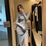 Yipinpay Blue O Neck Long Sleeve Cotton Dress Women Wrap Hip Tight Sexy Side Split Black Grey Vestido De Mujer Bottom Casual