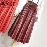 Yipinpay PU Leather Skirt High Waist Midi Pleated Vintage Fashion Solid Color Korean Streetwear Skirts Womens OL Casual Faldas