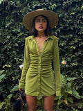 Yipinpay Mo Autumn Ruched Long Sleeve Bodycon Dress Women Turn-Down Collar Sexy Mini Dress Female Button Slim Party Vestidos 2023