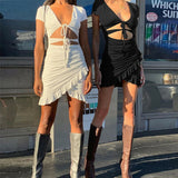 Yipinpay Womens V Neck Wrap Short Mini Dress Ladies Bodycon Summer Hollow Out Sexy Fashion Evening Party Dress