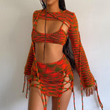 Yipinpay Three-piece Dress Sets Women Matching Sets Streetwear E-girl Long Sleeve Crop Tops+Straps Camis+Cross Bandage Skirts