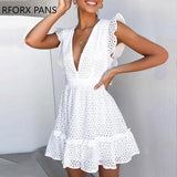 Yipinpay Women Butterfly Sleeve V-neck Frill Hem Hollow Out Lace Casual Dress  Bodycon Sexy Party Dress