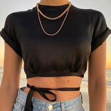 Yipinpay Mo Sexy Hollow Out Satin Tank Tops Women Backless Bandage Summer Cropped Top 2023 Pink O-Neck Casual Streetwear Vest Tee