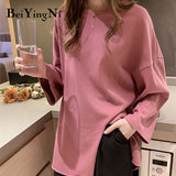 Yipinpay Loose Oversized T-shirt Female Long Sleeve Casual Vintage Split Tops Woman Spring Autumn BF Cotton Plain T Shirt Women
