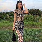 Yipinpay Dress Mesh Transparent Maxi Dresses Y2K Aesthetic Short Sleeve Skinny Bodycon 90s Vintage Long Dress Summer Clothes