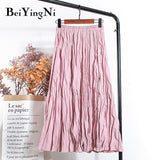 yipinpay High Waist Women's Skirt Solid Color Streetwear Leisure Simple Harajuku Pleated Midi Skirts White Faldas Mujer Saias
