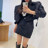 Yipinpay Vintage Long Sleeve Lapel Double-breasted Trench Coat Women Short Khaki Cardigan Tops Sexy Black Mini Skirts Dress Sets Suits