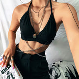 Yipinpay Women Sexy Sheer Crop Top Mesh T Shirt New Long Sleeve Cover Up T-Shirt V Neck Sleeveless Tie Up Camisole With Cross Chain Strap