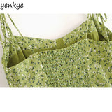 Yipinpay Dress 2024 Women Green Floral Print Sling Dress Sundress Female V Neck Sleeveless Hem Slits A-line Chiffon Dress vestido