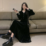 Yipinpay Vintage Dress Women Long Sleeve Solid Black Party Dress Female V-Neck Lace Midi Gothic Dress Autumn 2023 Office Lady