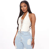 Yipinpay Sexy Women's Sleeveless Vest Solid Color Halter Bandage Lace Up Chest Hollow Out PU Leather Tops for Female