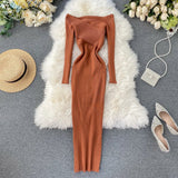 Yipinpay Slash Neck Knitted Dress Women Sexy Off Shoulder Cross Elastic Warm Dress Autumn Winter Fashion Sweater Bodycon Dress