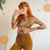 Yipinpay Women tshirt Sexy Women T Shirt See Through Transparent Mesh Tops Long Sleeve Sheer Slim Ladies Roundneck Sun moon T-Shirt Top